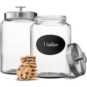 KooK Glass Storage Containers with Lids, 1 Gallon, Set of 2, Glass Canister, Laundry Jar, Kitchen Jar, Storage for Pantry, (3.7, Circular, Silver)