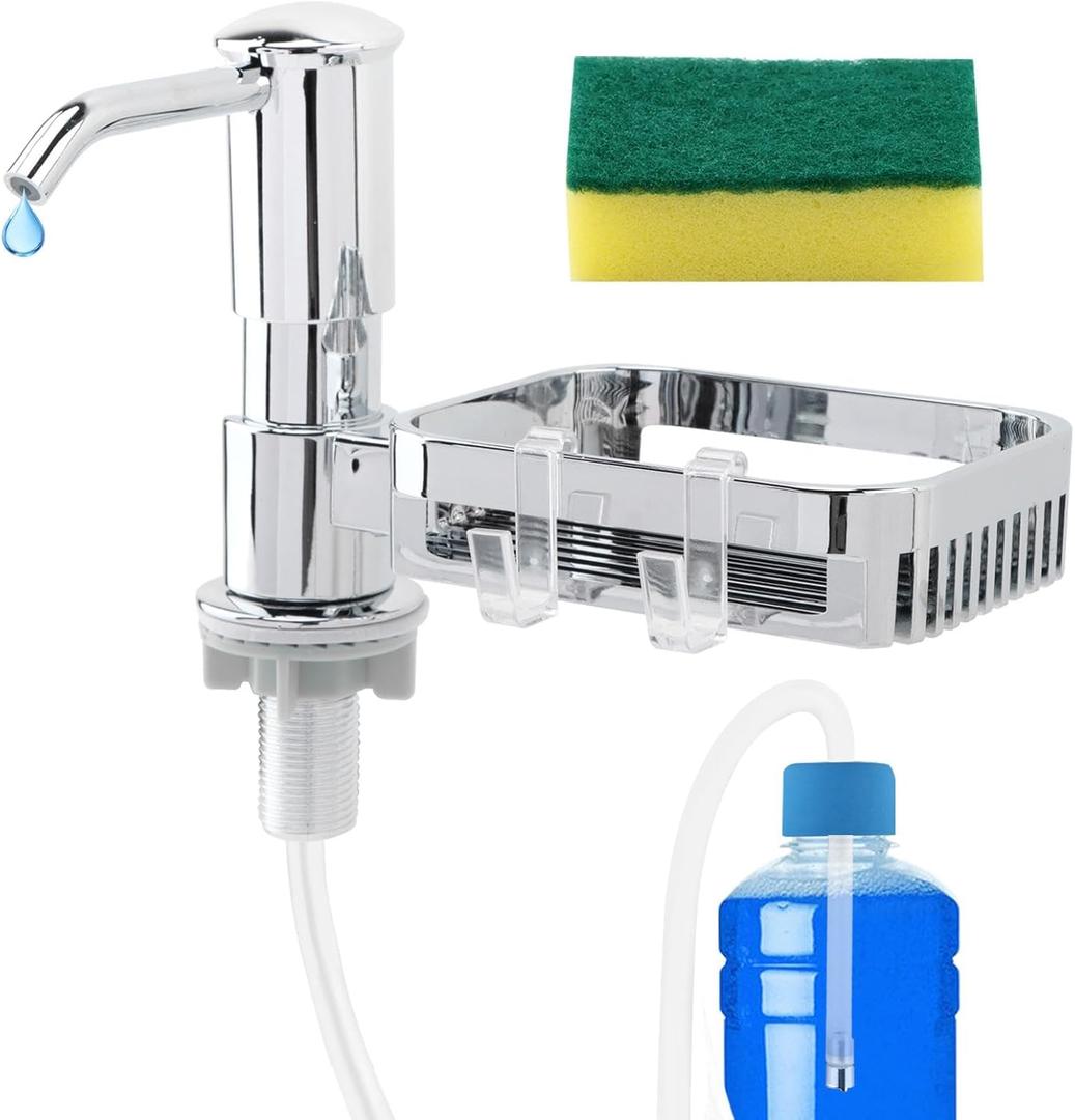 Soap Dispenser Pump for Kitchen Sink, Built in Sink Soap Dispenser Pump with Sponge Holder, Under Counter Dishsoap-Pump Head with 39 Extension Tube Kit(Color:Silver)
