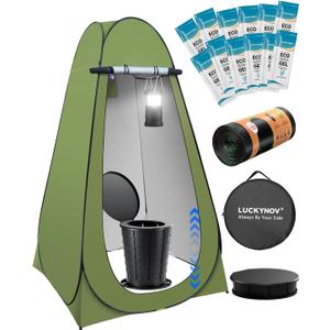Adjustable Portable Toilet with Privacy Tent for Camping, Car Travel, Hiking, Includes 12 Waste Bags & 12 Urine Solidifiers, Camping Lantern, Large