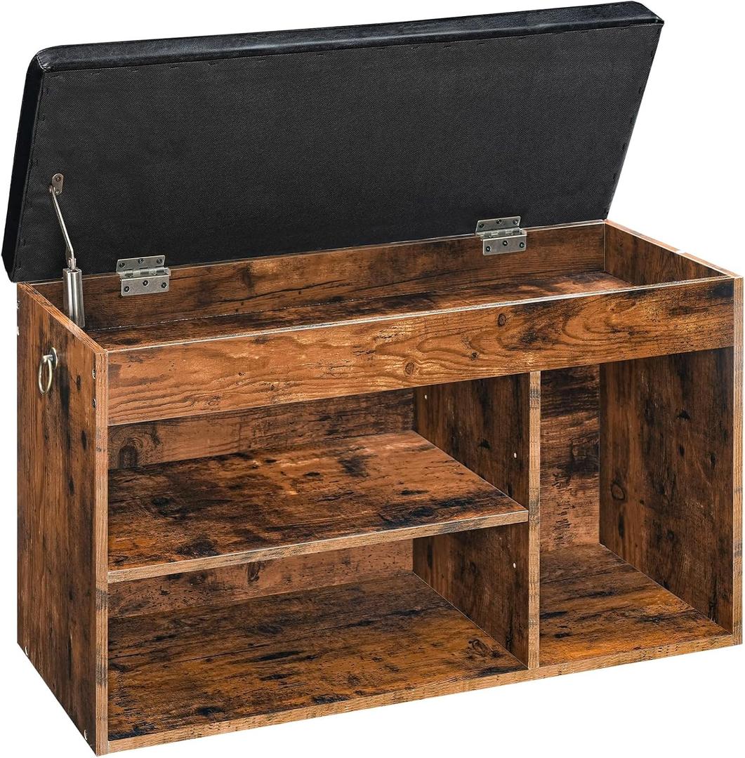 HOOBRO Shoe Storage Bench with Cushion, 32.3'' Entryway Bench with Lift Top Hidden Storage and Adjustable Shelves, Wooden Shoe Rack Bench for Entryway Bedroom, Rustic Brown and Black BF40HX01, 32.3"l X 12.4"w X 18.3"h