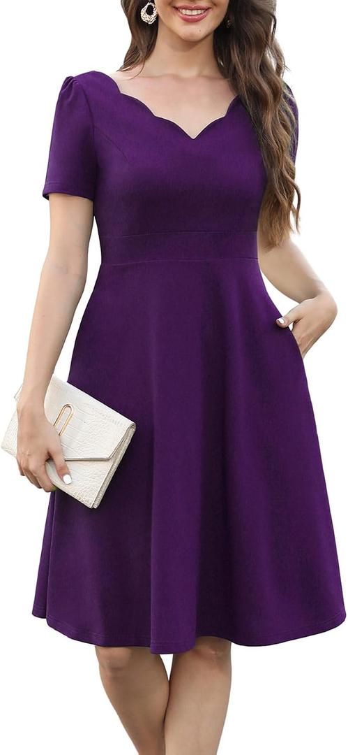 Women's Elegant Vintage Scallop Trim Scallop Trim V-Neck Casual Work Dress Swing A Line Bridesmaid Cocktail Party Dresses with Pockets 755 Purple M