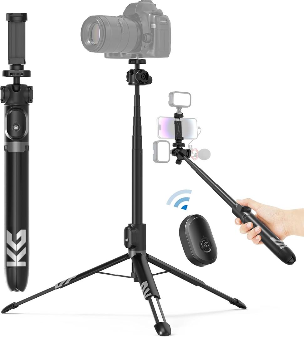 Vlogging Tripod for Phone and Camera, 60" Tripod Stand for iPhone and Android with 3 Cold Shoes for Light and Microphone (Both are not Included), Selfie Stick with Remote for Video Recording (60 Inch, Black)
