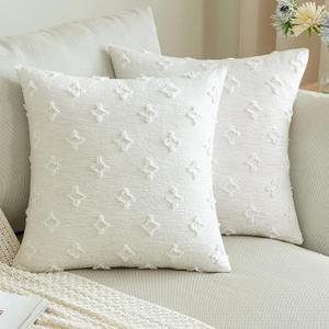 ANRODUO Pack of 2 White Floral Decorative Throw Pillow Covers with Tufted Rhombic Jacquard for Room Decor Boho Pillow Covers 18x18 Cute and Soft Pillowcase for Couch Sofa and Living Room Fall Decor