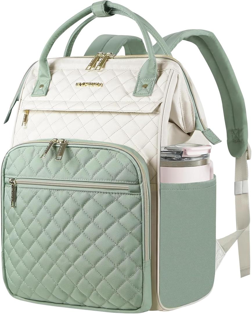 EMPSIGN 17 Inch Laptop Backpack for Women, Work Business Travel Computer College Bags, Large Capacity Water-repellent Quilted Casual Daypack, Beige-Light Green