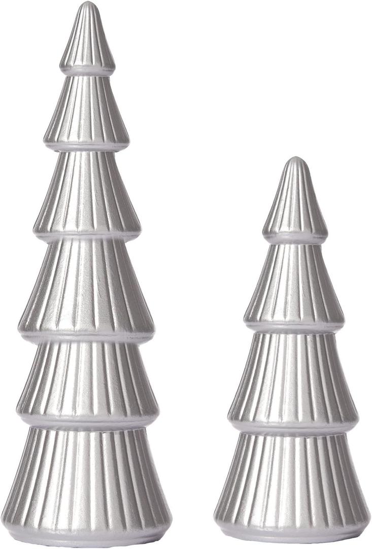 WONDROUS' DECO Wooden Christmas Tree Figurine, Tabletop Silver Tree Figurine, Set of 2 Desk Centerpieces for Christmas Decor