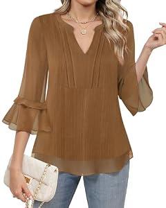 Furnex Trendy Tops for Women 2025: Dressy Casual - 3/ 4 Length Sleeve Blouses - Plus Size Peasant Tops Loose Fits V Neck Shirts Flowy Floral Print Office Business Work Fashion Tunic Dark Coffee L