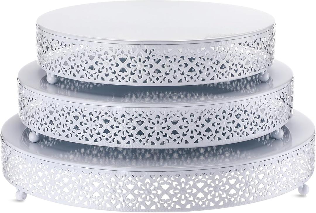 Wenqik 3 Pcs Cake Stand 16'' 14'' 12'' Round Metal Cake Stand Bases Display Holder Cookies Fruit Serving Tray Candy Display Plate Cupcake Dessert Pastry Riser for Wedding Birthday Party (White)