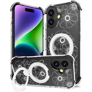 for iPhone 17 Case Magnetic Clear Design,Compatible with MagSafe,Kickstand Vertical/Horizontal,Shockproof Airbag Bumpers Phone Cover - White Lovely Round Flower