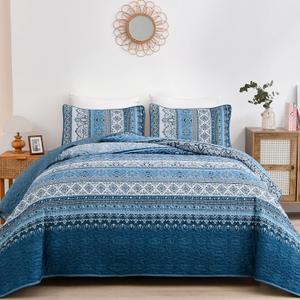 WONGS BEDDING Blue Quilt Set Queen Size, Bohemian Stripe 3 Pieces Quilts Bedspread Set Boho Lightweight Microfiber All Season Bedding Coverlet Set for Queen Bed (96"x90")