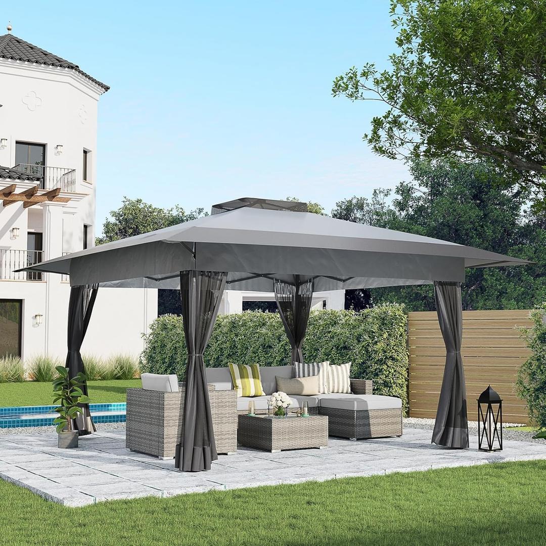 COBANA 13x13 Pop Up Gazebo, Outdoor Canopy Tent Shade with Metal Frame Mosquito Netting for Patio, Garden, Lawn, Backyard, Grey (Gray)