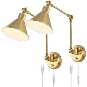 Wall Sconces Plug in, Dimmable Wall Sconces Brushed Brass Swing Arm Wall Lights Plug in Wall Mounted Light Industrial Wall Lights with 6FT Plug in Cord, E26 Base, UL Listed(Two Arms, 2 Pack)