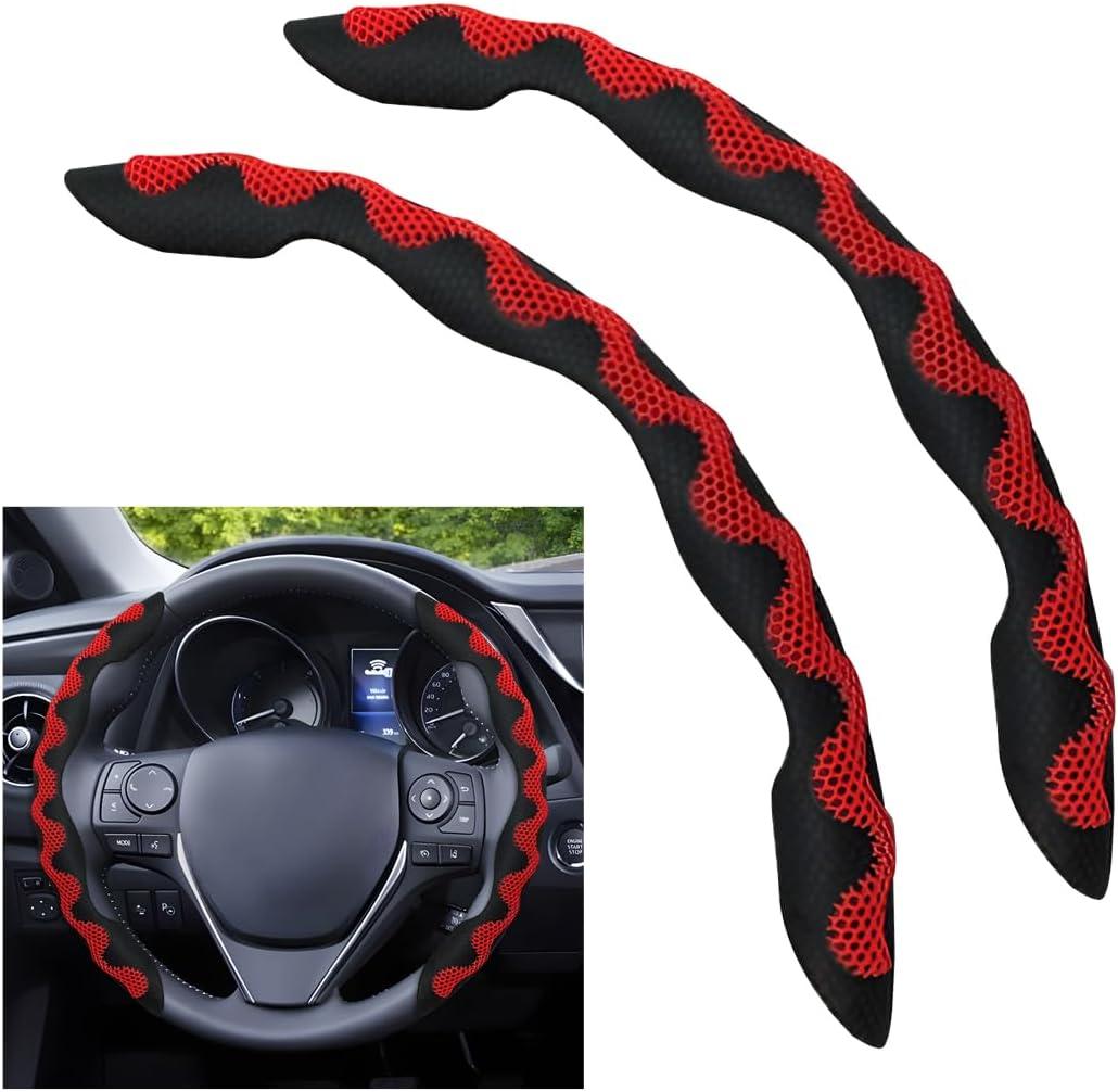 Car Steering Wheel Cover, 2PCS Anti-Slip Segmented Snap-on Vehicle Steering Wheel Protector, Comfortable Automotive Interior Decoration Accessories, Universal for Sedan Truck SUV (Red)