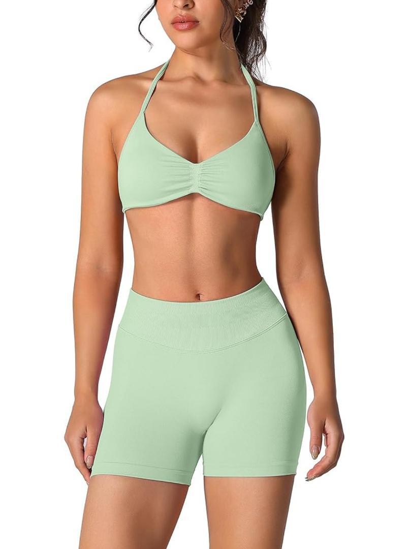 ABOCIW Womens Seamless Workout Sets 2 Piece Strappy Halter Sports Bra Scrunch Butt Shorts Gym Yoga Outfits Size S