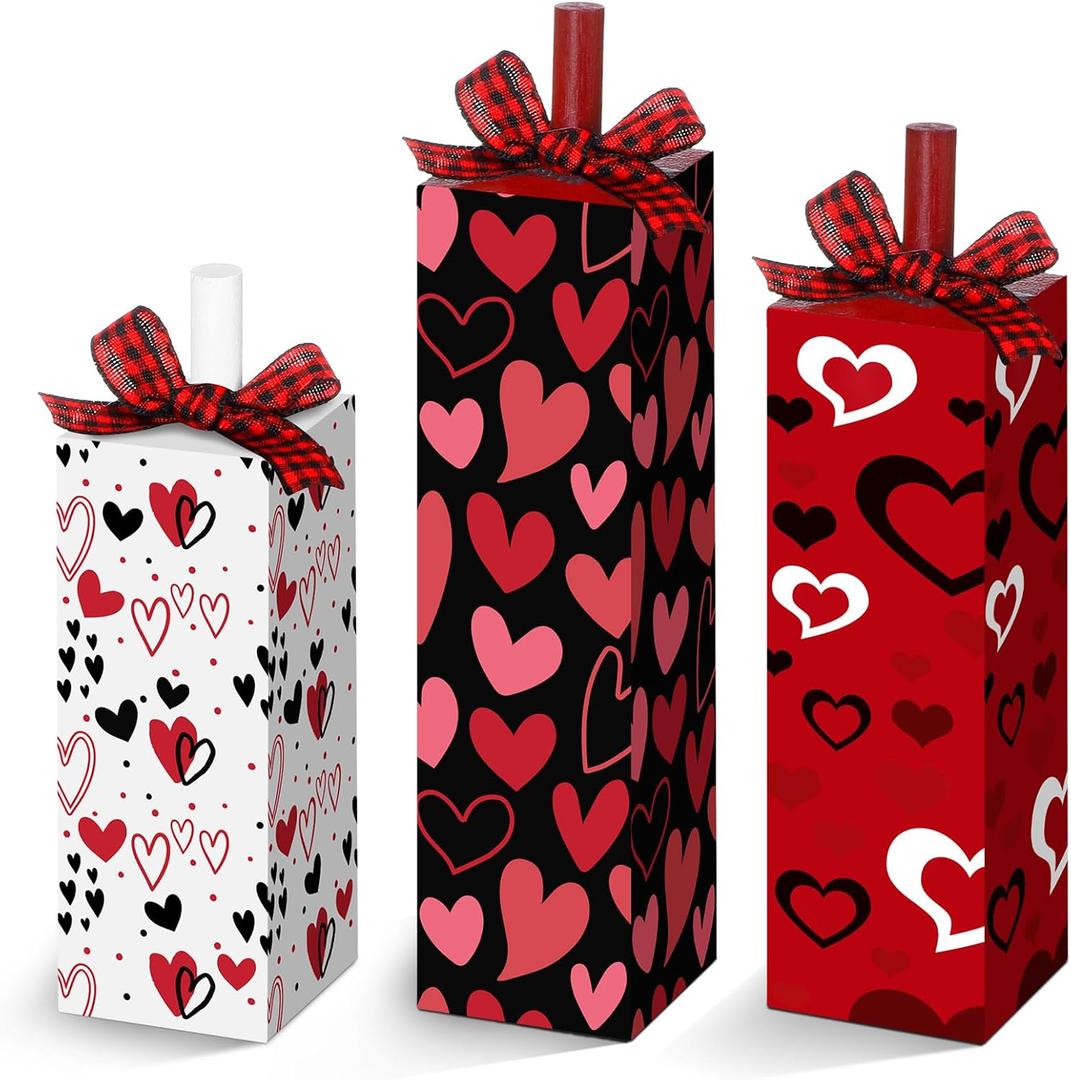 3 Pcs Valentine's Day Table Decoration Valentine Tiered Tray Decor 3 Size Wooden Love Table Block Sign with Bow Pink Red and White Valentine Centerpieces for Anniversary Home Decor(Vintage)