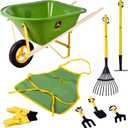 John Deere Deluxe 34" Wheelbarrow and Garden Set Includes 5 Realistic Gardening Tools,Gardening Apron, Gardening Gloves, Large Metal Wheelbarrow with Wooden Handles, Outdoor Toy Ages 5+