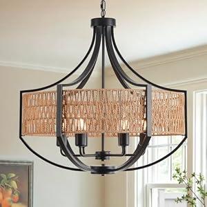 VDWO 25.6" Large Rattan Farmhouse Chandelier, 6-Light Boho Black Modern Chandelier Light Fixture, Rustic Wicker Chandelier with Woven Shade for Dining Room, Living Room, Bedroom
