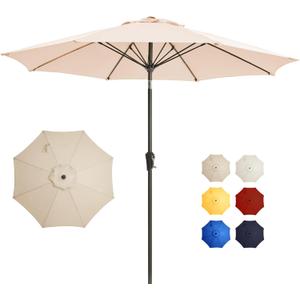 9FT Large Outdoor Patio Umbrella Pool Market Umbrella-UV Resistant, Easy Push Button Tilt and Crank, 8 Sturdy Ribs Heavy-Duty Table Umbrella for Deck, Backyard,Garden (Beige)