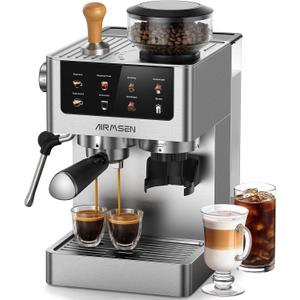 AIRMSEN Espresso Machines with Burr Grinder, 20 Bar, Milk Frother Steam Wand, Stainless Steel Coffee Maker for Home - Cappuccino Latte & Cold Brew Iced Coffee Maker & Americano
