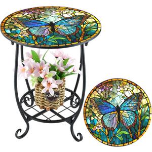 Outdoor Side Table Round Small Mosaic Patio Accent Indoor End Plant Coffee Tea Table for Yard Patio Porch Garden Living Room, Bedroom(Butterfly Style,14 Inch)