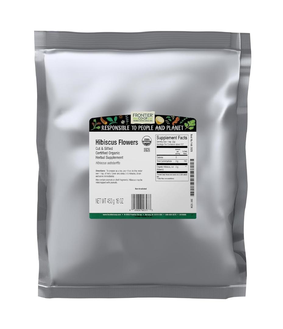 Frontier Co-op Organic Hibiscus Flowers, 16 Ounce, Sun Dried Bright Red Color, Fruity Flavor, Non Irradiated, Non ETO, Kosher, BBD: 11/01/28