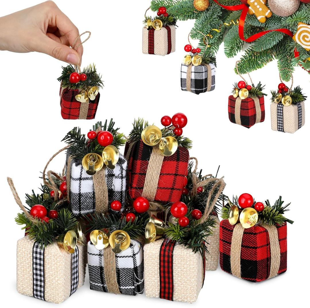 12 Pcs Christmas Tree Mini Gift Boxes Christmas Tree Ornaments Present Decoration Christmas Ornaments Pendant Decoration with Bells Christmas Berries for Indoor Outdoor Xmas Tree Party (Plaid)