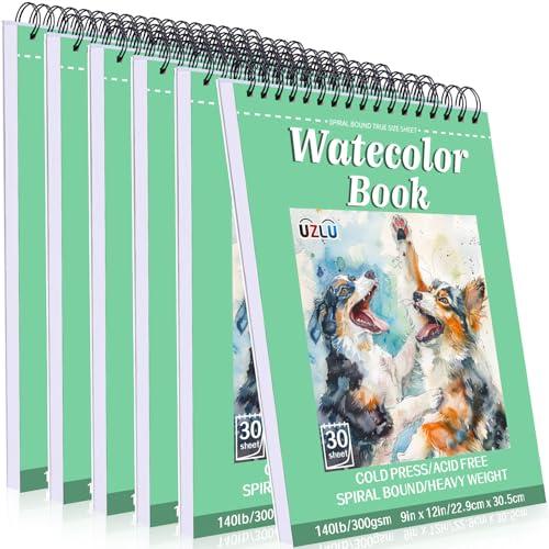 6 Pack Watercolor Paper Pad, 9x12 Inch Water Color Paper, 140lb/300gsm, Cold Press, Acid-Free, 180 Sheets Spiral Bound Watercolor Paper Pad for Wet & Dry Media, Ideal for Adults Artists