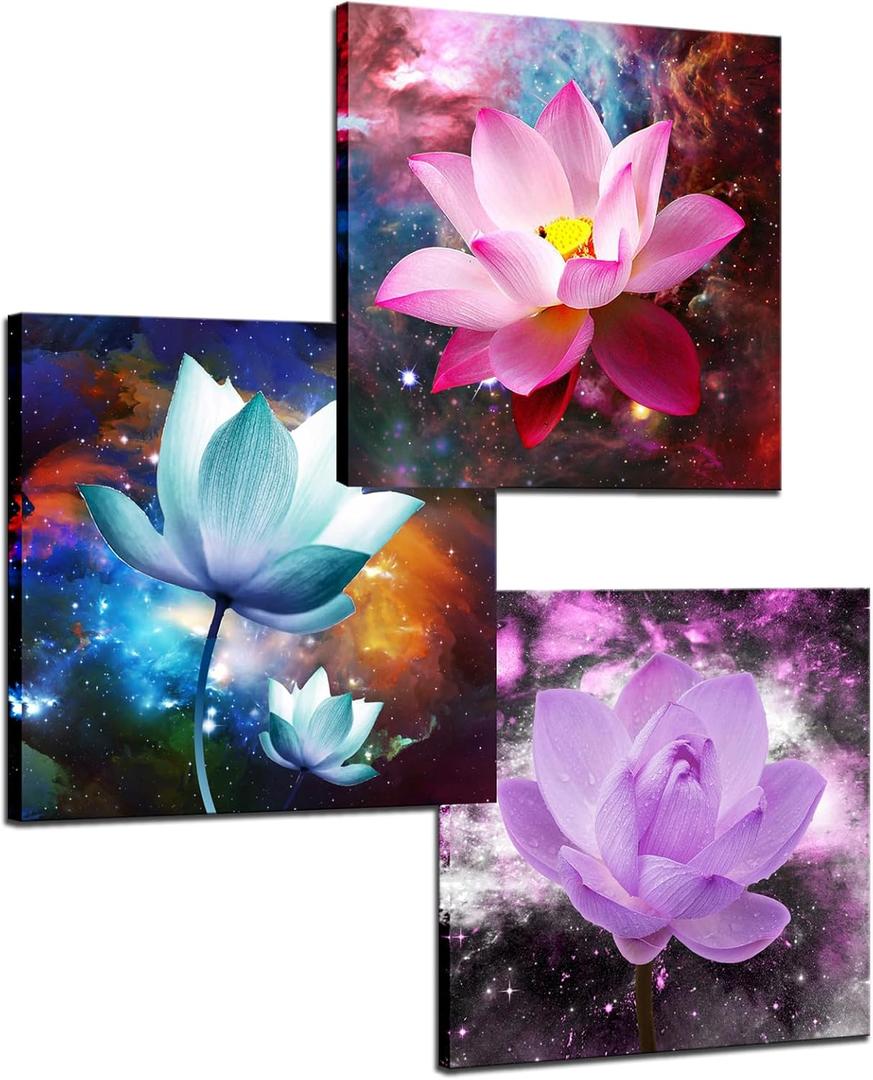 Biuteawal 3 Panels Flowers Wall Art Blooming Lotus Water Lily Picture Elegant Pink Blue Purple Floral Painting Canvas Print Framed Modern Home Bedroom Living Room Decor Ready to Hang