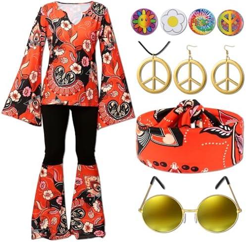 Jiuguva 17Pcs 60s 70s Outfits for Women Hippie Costume Set Disco Outfit Dress Boho Flared Pants Hippie Shirt Headband, XL