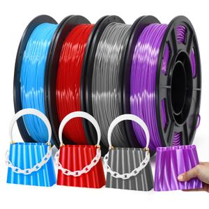 Reprapper Silk TPU Filament, 95A Shore Hardness TPU 1.75mm Bundle, Elastic 3D Printer Filament Pack, Flexible & Soft Filament for 3D Printer ( 0.03mm) 4 * 250G, Blue/Red/Purple/Grey