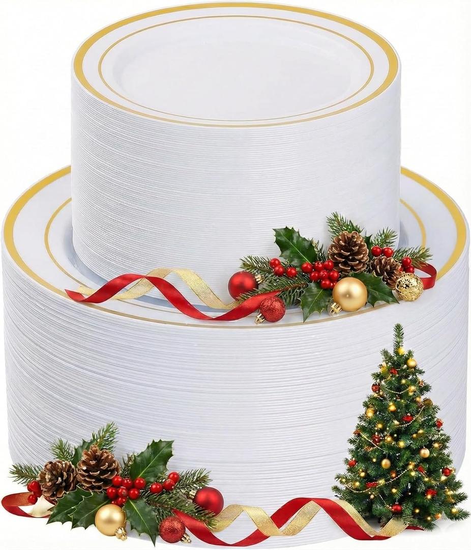 Goodluck 200PCS Gold Plastic Plates, Heavy Duty Disposable Gold Plates with 100 10.25 inch Dinner Plates and 100 7.5 inch Dessert Plates for Party, Holiday, Wedding, Thanksgiving