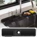 24 Inch Silicone Faucet Mat for Kitchen Sink Splash Guard - 7 Slope Water Draining Mat With Fasten Button for Bathroom Area (Black, 24''x5.5'')