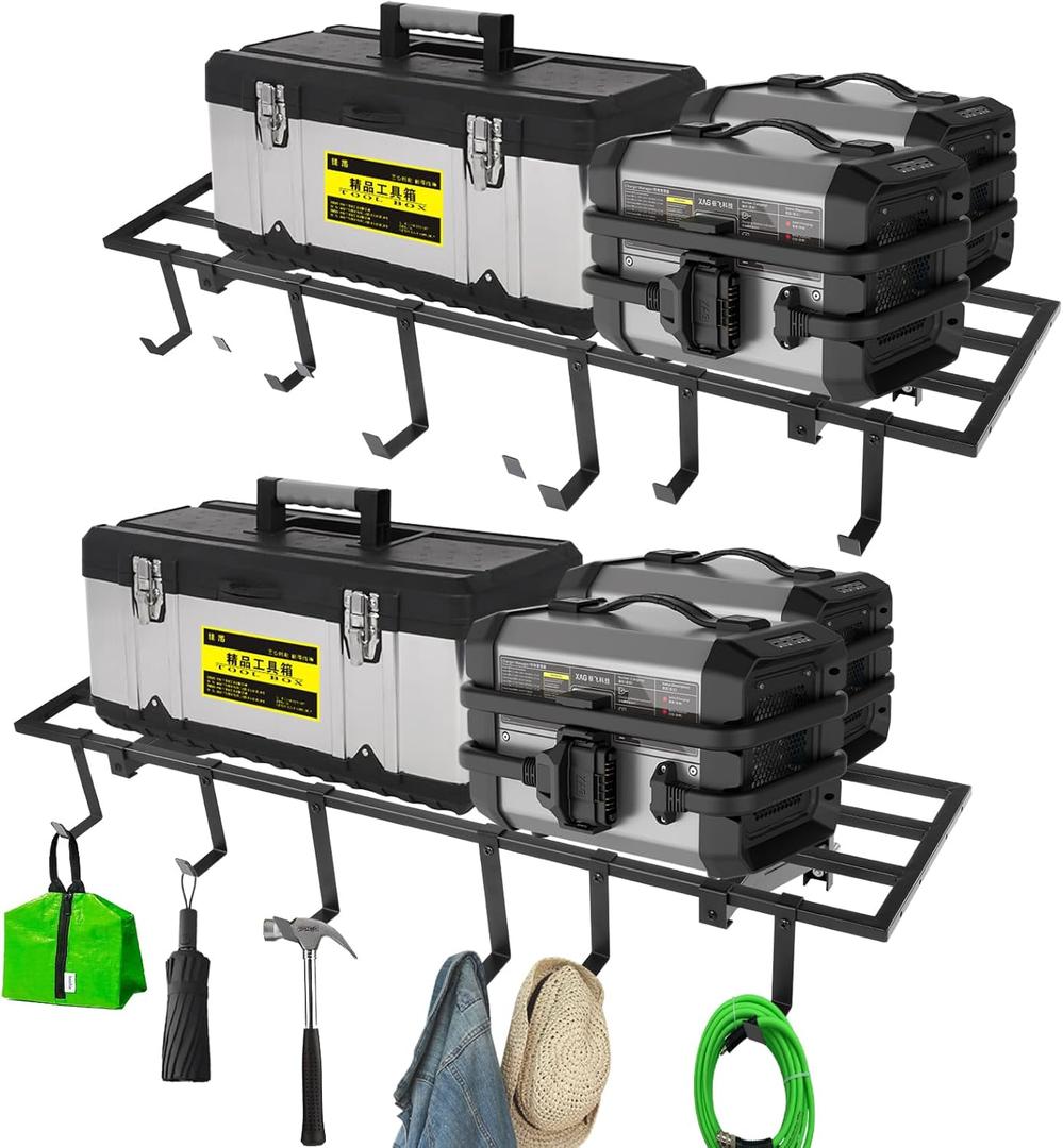 Colinktool Garage Wall Shelving, 1X4 ft Garage Storage Rack,Heavy Duty Wall Mounted Storage Shelf With 12 Hooks-Each Loads 200lbs Metal Wall Shelf,Black,2Pack