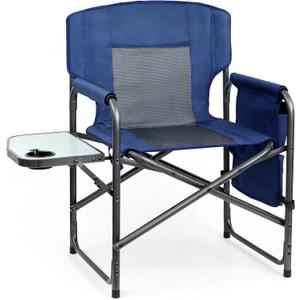 Directors Chair, Camping Chairs for Adults, Heavy Duty Side Table, Lawn Chairs with Side Pockets Carry Straps (Dark Blue/Grey)