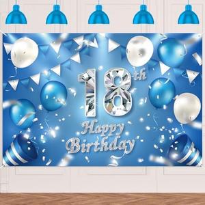 Happy 18th Birthday Banner Background Decorations Balloons Crystal Confetti Theme Decor for Boys or Girls Cheers to 18 Years Party Favors Supplies Blue Silver