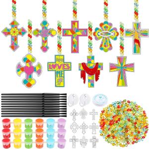 Pasimy 36 Sets Cross Crafts Kit Religious Suncatchers Christian Jesus DIY Paint Your Own Window Hanging Ornaments Summer Sunday School Activities Arts Gifts Decorations for Church Vbs Party Favors