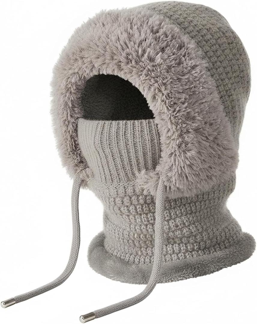 3 in 1 Beanie Hat for Women, 3 in 1 Beanie Hat with Scarf and Mask Fleece Balaclava Windproof Warm Commute Hike Ski Face Mask (One Size, Gray)
