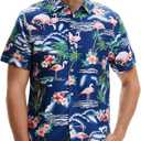 SSLR Pack Hawaiian Shirt for Men Flamingo Short Sleeve Casual Button Down Shirts Summer Beach Shirt (Blue, XXL)