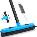 JEHONN Rubber Broom Carpet Rake Brush for Pet Hair with Squeegee, 52.8 inches Long Handle Silicone Fur Scraper Removal Tool with Detailing Lint Comb for Rug, Tile, Hardwood Floor Cleaning (Blue)