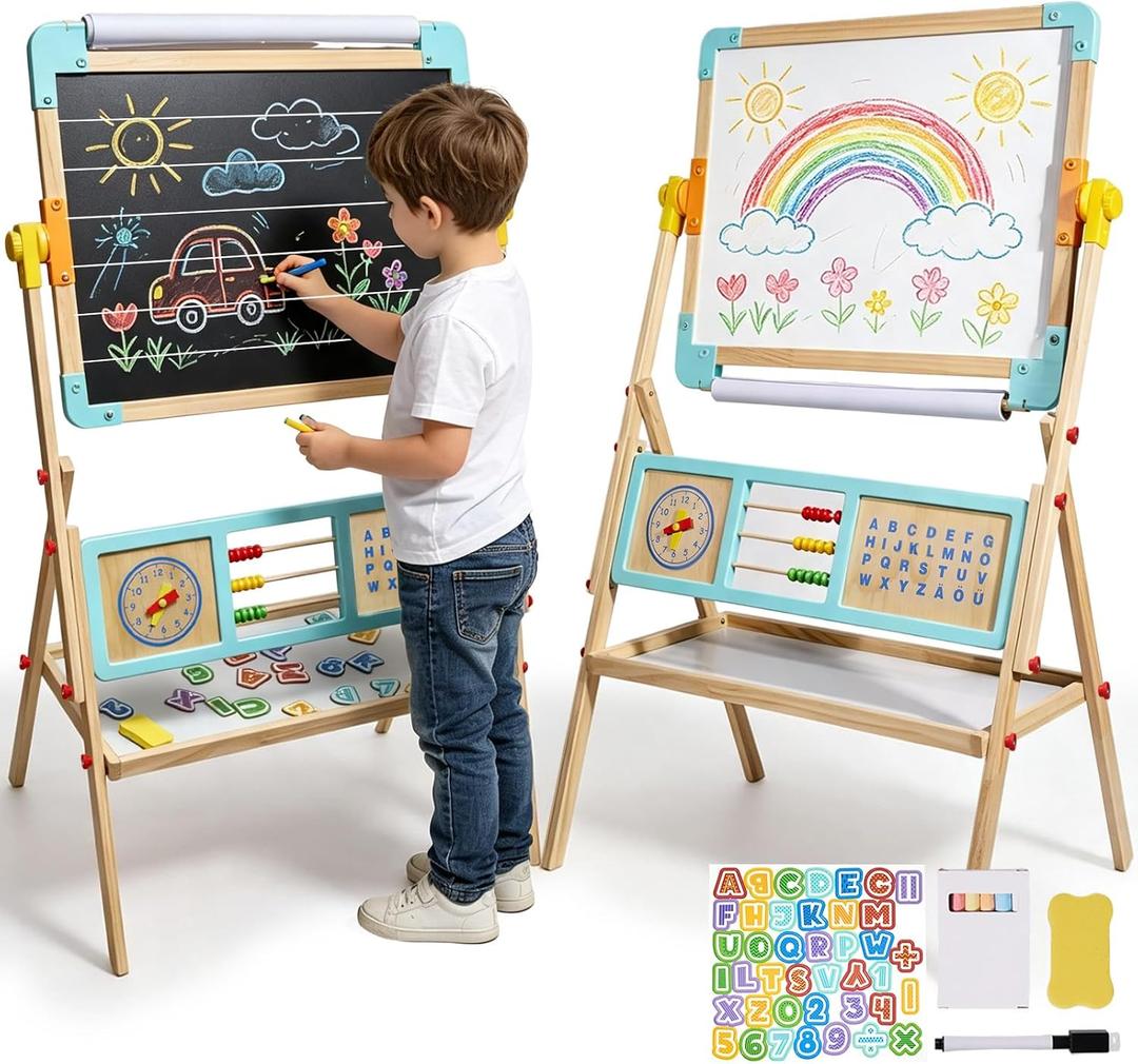 Wooden Easel for Kids with Paper Roll - Magnetic Double Sided Drawing Board Whiteboard & Chalkboard Dry Easel Board Children Art Easel for 3~12 Years Kids (Blue), 67 x 45 x 106 cm