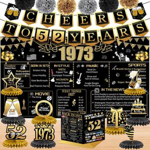 52nd Birthday Decorations for Women Men, 18PCS Black Gold Back in 1973 Banner Decorations, Bday Backdrop, 52 Year Old Banner for Mother Dad, Birthday Card, 6 Paper Poms 9 Honeycomb Balls