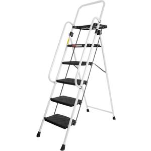 5 Step Ladder, Folding Step Stool with Handle,Tool Platform and Anti-Slip Pedal, Steel Ladder,Lightweight, Perfect for Home and Kitchen, White