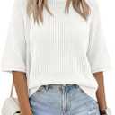 Saodimallsu Womens Short Sleeve Sweaters Crochet Knit Casual Crew Neck Lightweight Summer Trendy Sweater Tops (White, M)