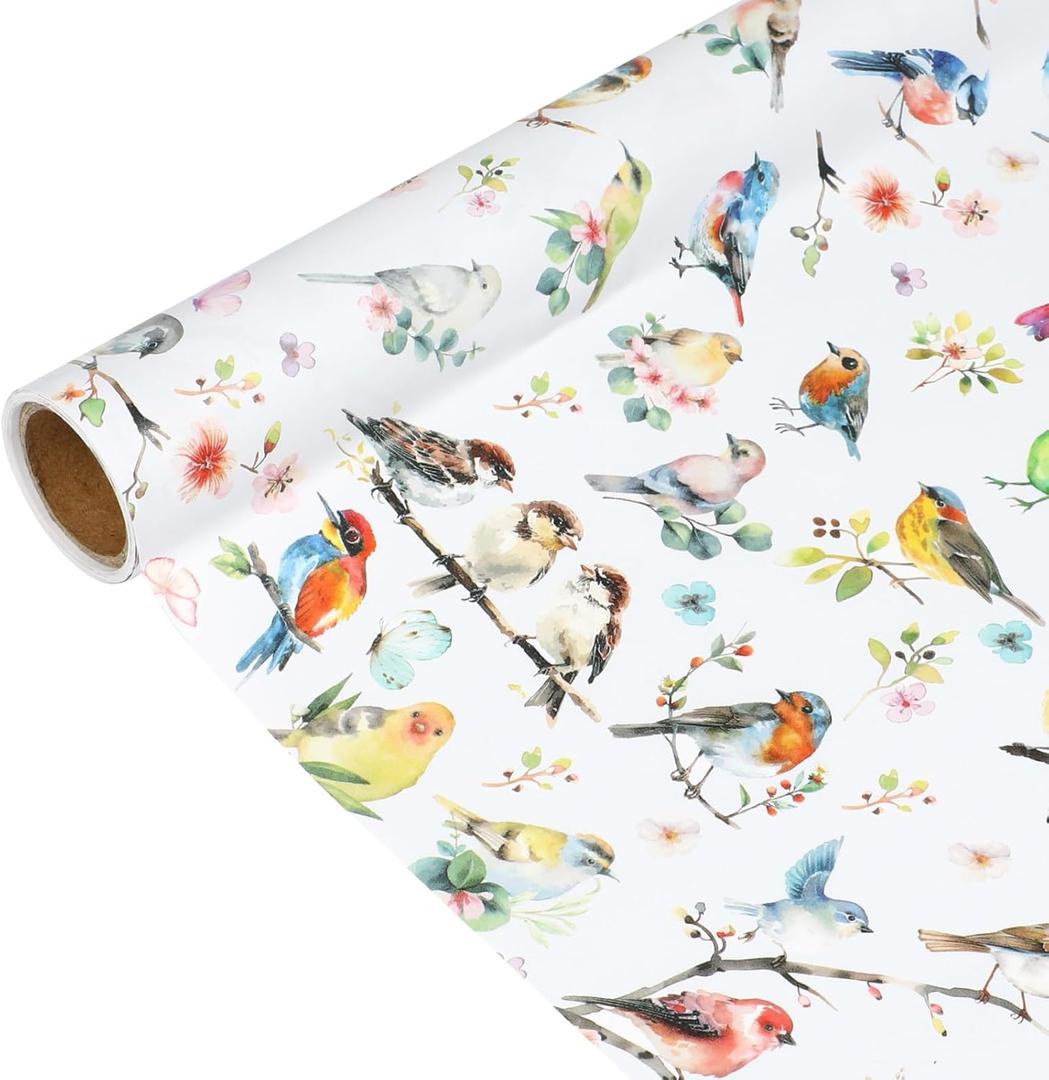 Pineraap Birds Wrapping Paper Roll - Colorful Floral Watercolor Bird Theme Gift Wrap for Birthday, Wedding, Party Decor, 17Inch x16.4Feet