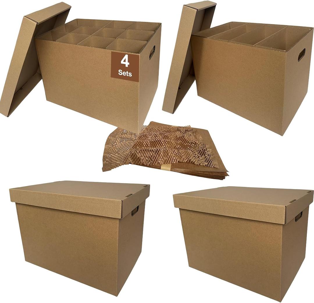 Kitchen Moving Boxes with Wine Dish Glass Packaging Divider Kits and Cushion Wraps, 4 Pack 17x12x12'', Reinforced Handles, Tape-Free (CK171212)