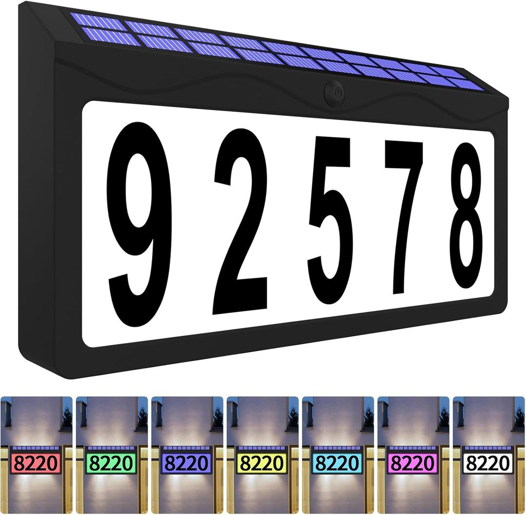 Solar Address Sign, Lighted Address Plaque Outdoor Waterproof, Illuminated RGBW Color Address Numbers, House Numbers for Home Street Mailbox Outside