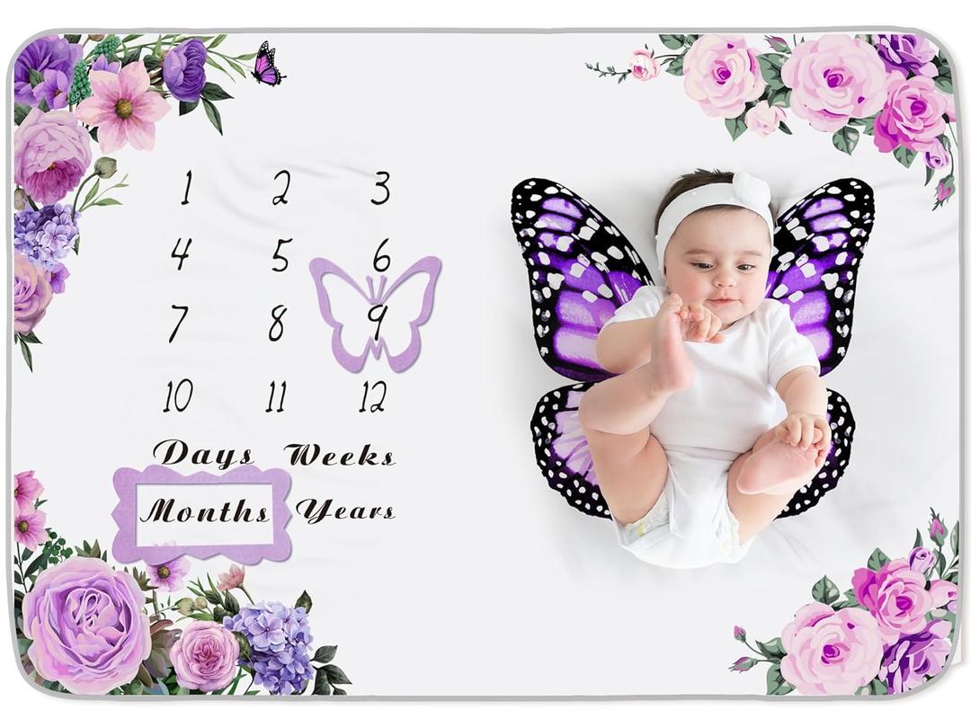 Chumia Baby Monthly Milestone Blanket for Baby Girl 59" x 39" Floral Butterfly Photo Prop Blanket Baby Age Milestone Blanket with 2 Felt Floral Wreath Frame
