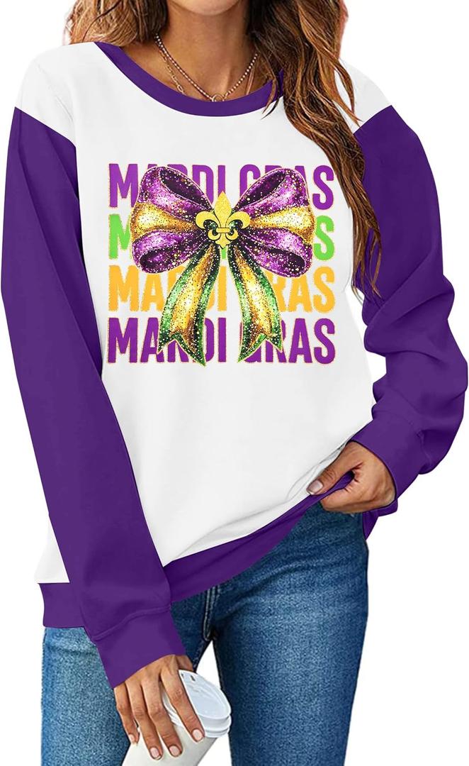 LUKYCILD Women Mardi Gras Sweatshirts Carnival Sweatshirt Funny Mask Graphic Long Sleeve Shirt Fat Tuesday Pullover Top (X-Large, White and Purple)