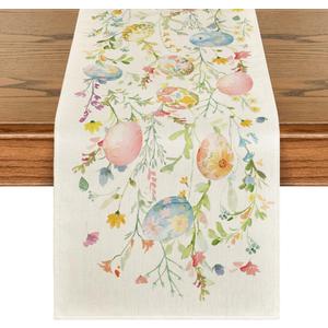 Artoid Mode Wild Flowers Eggs Easter Table Runner,Seasonal Spring Floral Kitchen Dining Table Decoration for Home Party Decor 13x90 Inch (Beige)