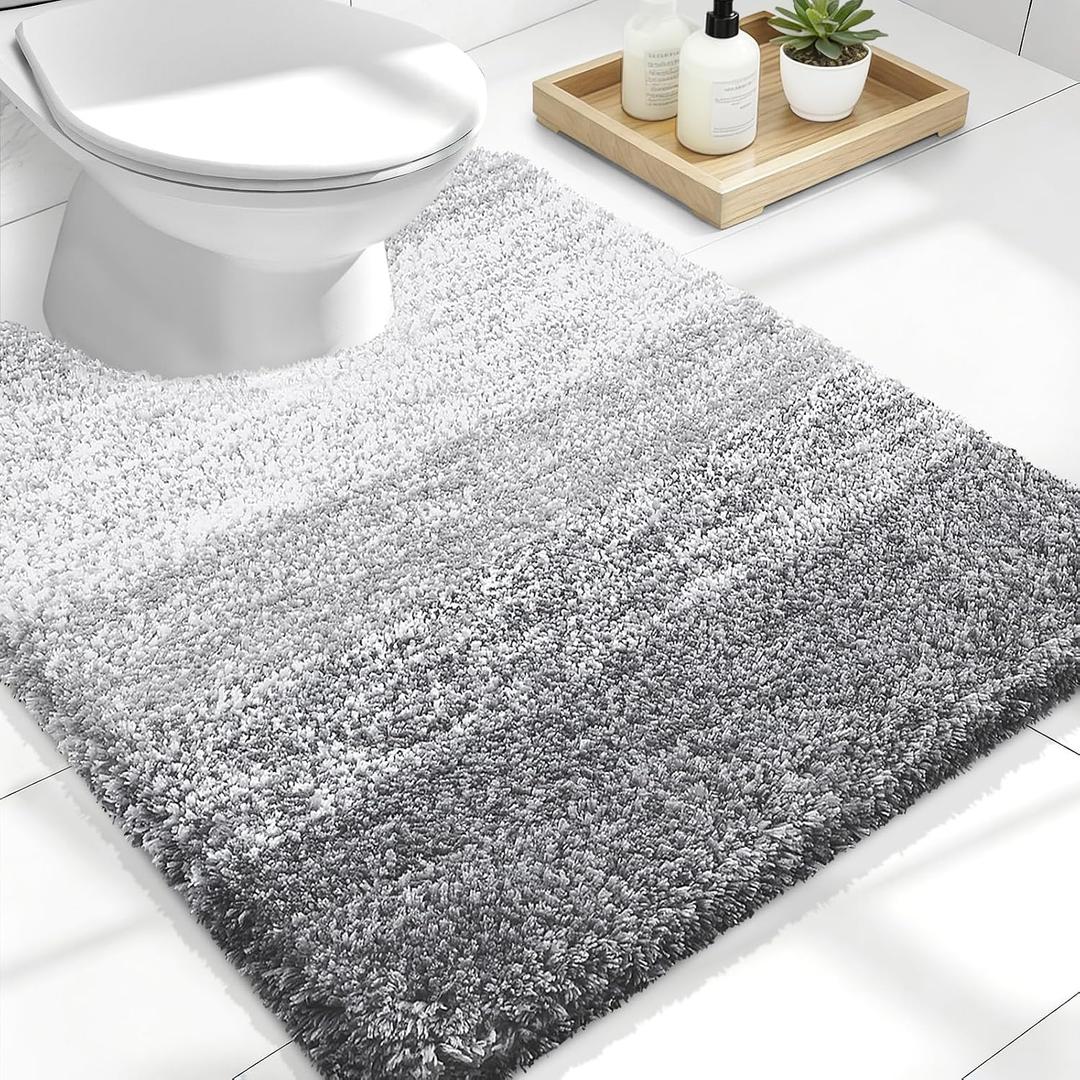 OLANLY Luxury Toilet Rugs U-Shaped 24x20, Extra Soft and Absorbent Microfiber Bathroom Rugs, Non-Slip Plush Shaggy Bath Mat, Machine Wash Dry, Contour Bathroom Mats for Toilet Base, Light Grey