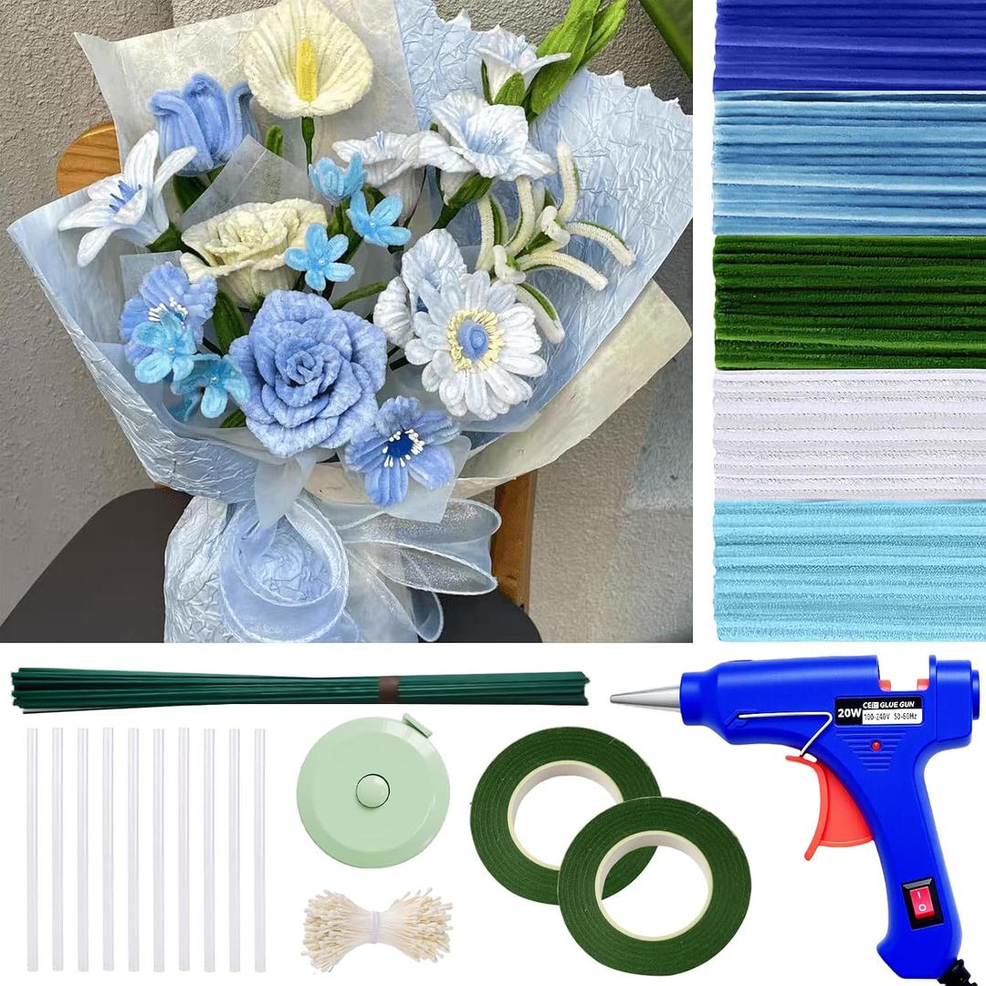 500 Pcs Pipe Cleaners for Crafts 5 Coloars Chenille Stems with Glue Guns & Tape Measure Perfect for DIY Projects, Holiday & Room Decorations, Arts and Crafts Activities (Blue, 12in x 8mm)